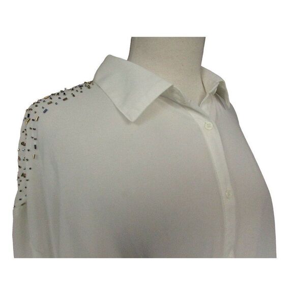Romeo & Juliet Couture Semi Sheer Beaded Shoulders Hi-Lo Blouse Cream Roomy M - Picture 6 of 10